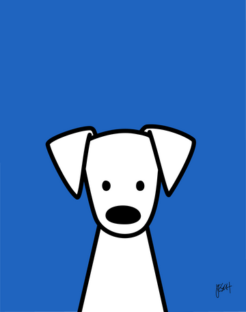 This is a digital illustration of a white dog with black eyes and nose on a blue background. The dog has big floppy ears and is looking straight at us. It is centered at the bottom of the print with a lot of space overhead. An artist signature is on the lower right.