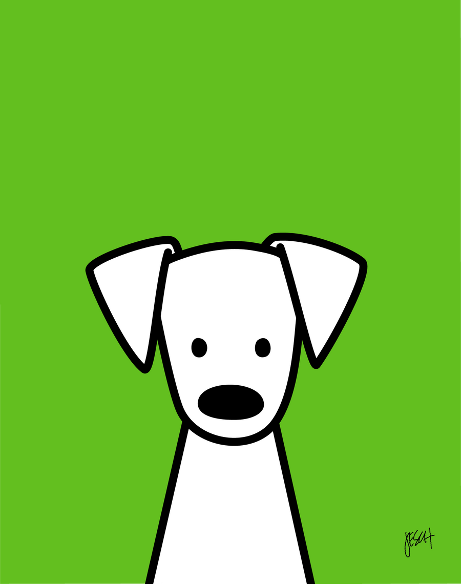 This is a digital illustration of a white dog with black eyes and nose with a green background. The dog has big floppy ears and is looking straight at us. It is centered at the bottom of the print with a lot of space overhead. An artist signature is on the lower right.