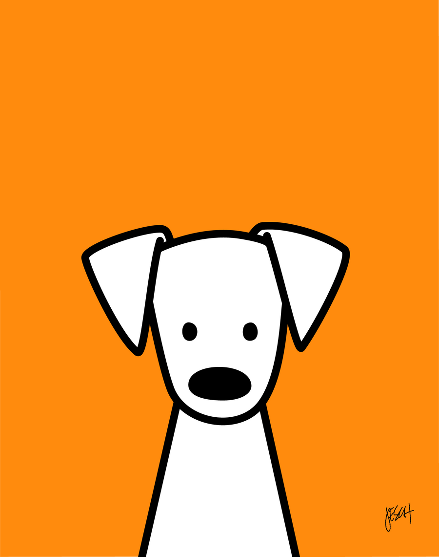 This is a digital illustration of a white dog with black eyes and nose with orange background. The dog has big floppy ears and is looking straight at us. It is centered at the bottom of the print with a lot of space overhead. An artist signature is on the lower right.