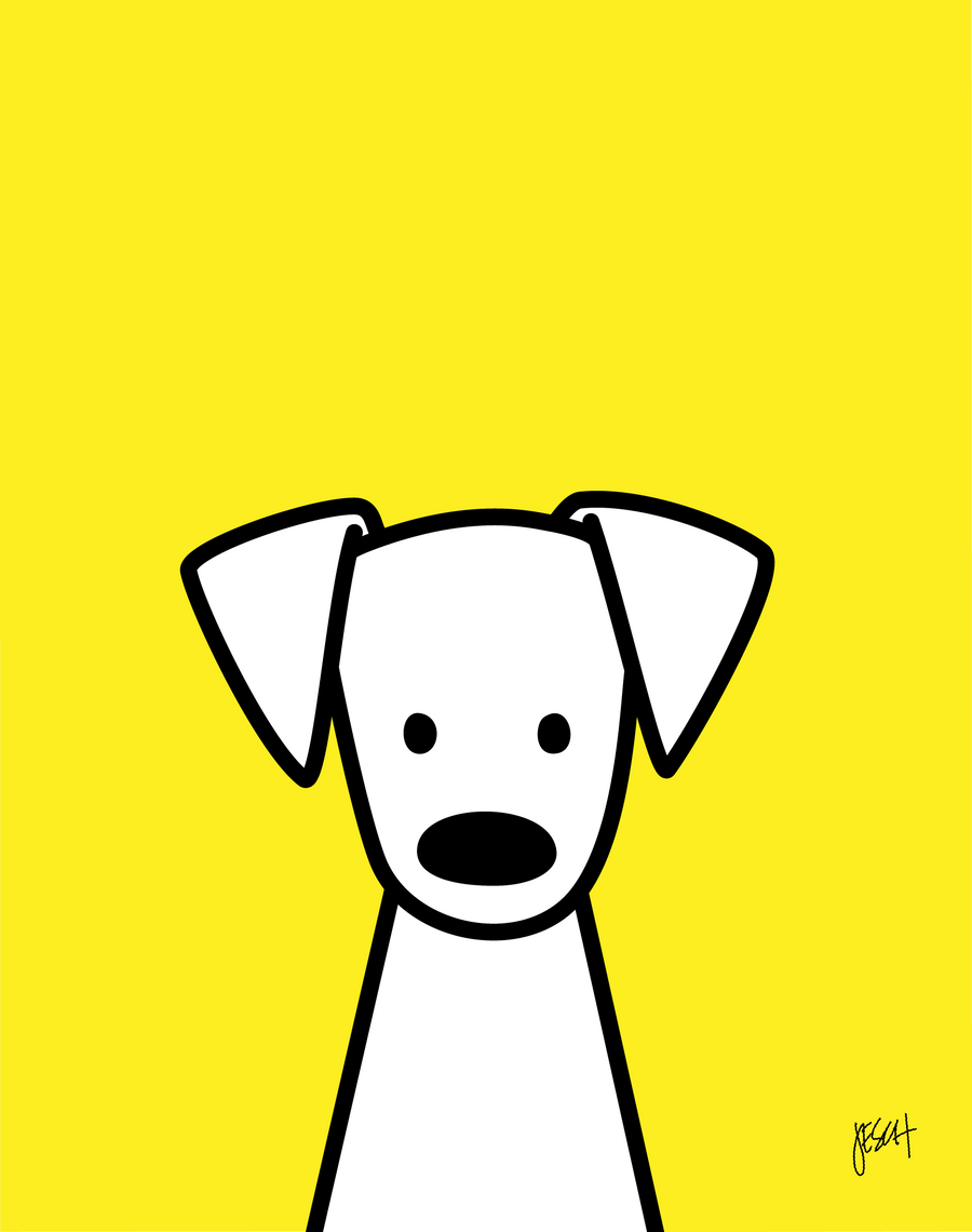 This is a digital illustration of a white dog with black eyes and nose with a yellow background. The dog has big floppy ears and is looking straight at us. It is centered at the bottom of the print with a lot of space overhead. An artist signature is on the lower right.