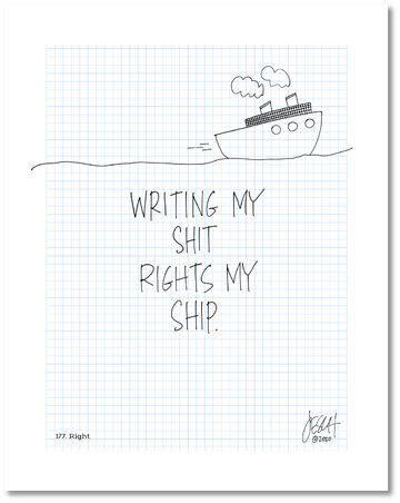 This is a drawing with a grid background. A line drawing of a ship is on top with text beneath that says: 