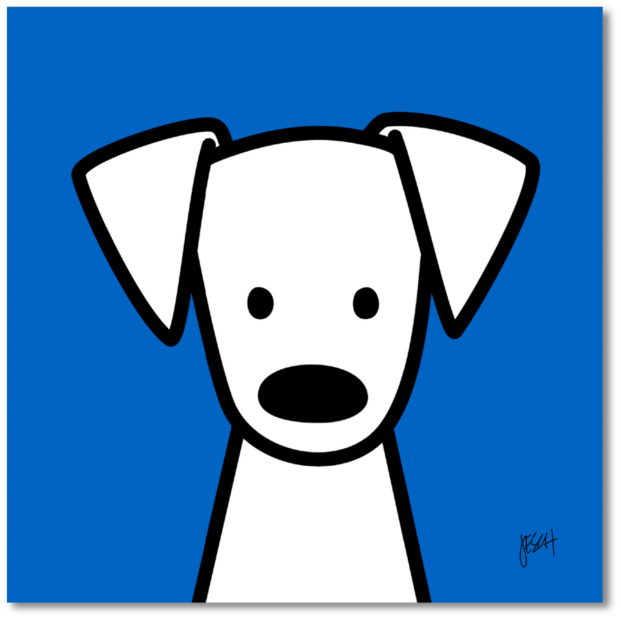 This is a digital illustration of a white dog with black eyes and nose with a blue background. The dog has big floppy ears and is looking straight at us. It is centered at the bottom of the print. An artist signature is on the lower right.