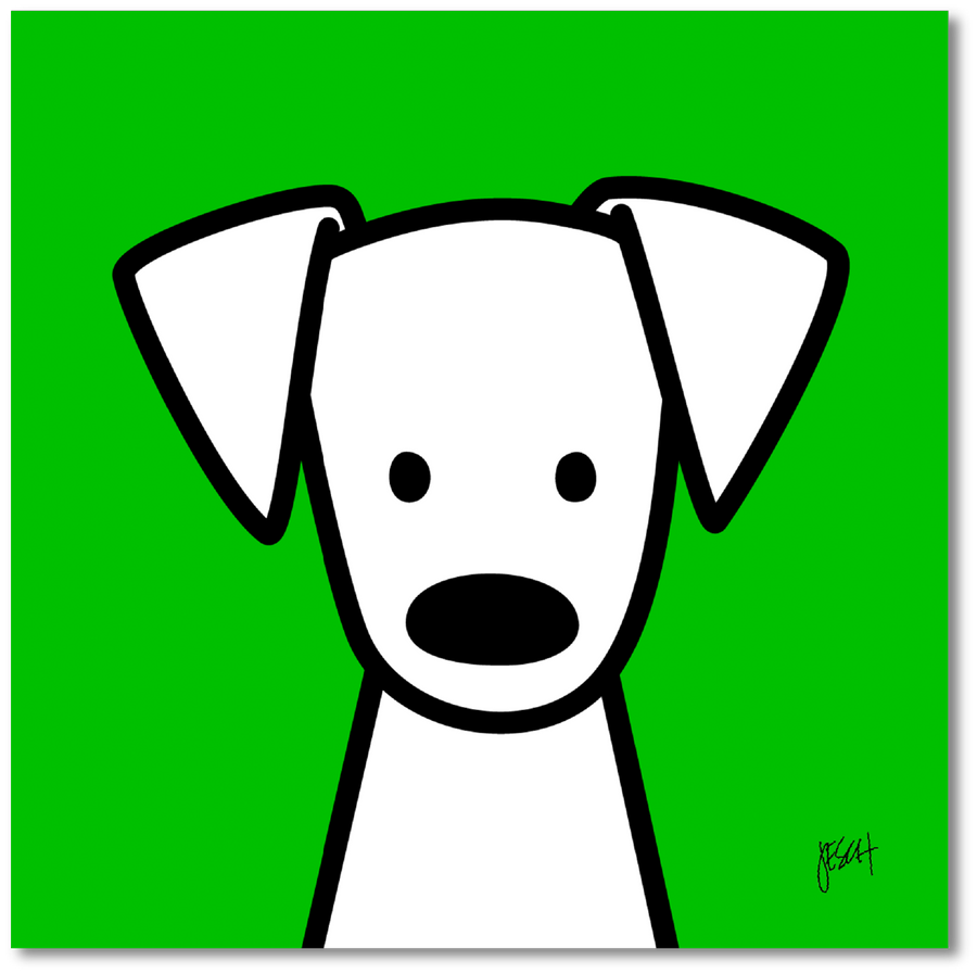 This is a digital illustration of a white dog with black eyes and nose with a green background. The dog has big floppy ears and is looking straight at us. It is centered at the bottom of the print. An artist signature is on the lower right.