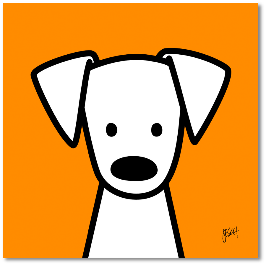 This is a digital illustration of a white dog with black eyes and nose with an orange background. The dog has big floppy ears and is looking straight at us. It is centered at the bottom of the print. An artist signature is on the lower right.