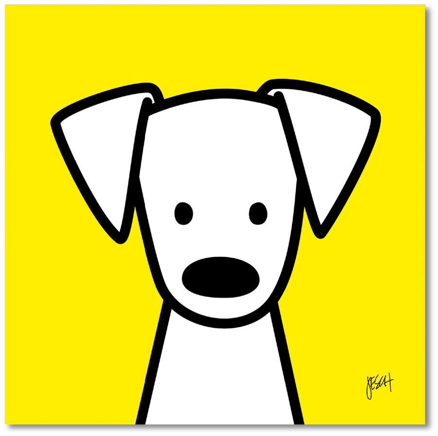 This is a digital illustration of a white dog with black eyes and nose with a yellow background. The dog has big floppy ears and is looking straight at us. It is centered at the bottom of the print. An artist signature is on the lower right.