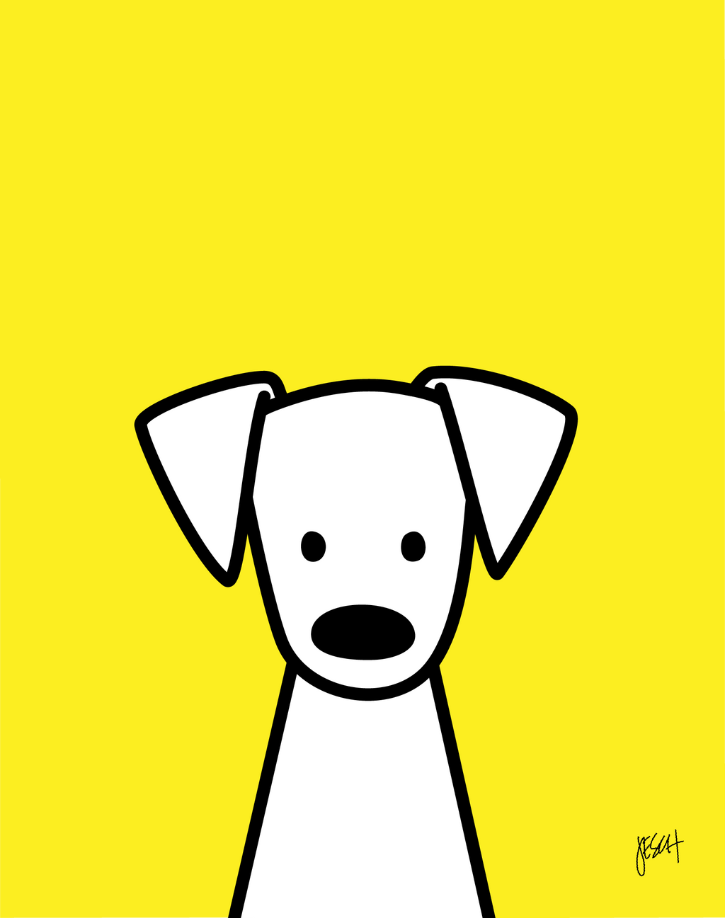 This is a digital illustration of a white dog with black eyes and nose with a yellow background. The dog has big floppy ears and is looking straight at us. It is centered at the bottom of the print with a lot of space overhead. An artist signature is on the lower right.