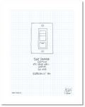 This is a drawing with a grid background. A line drawing of a light switch is centered above text that says: “That dimmer switch on your wall serves no one. Especially you.” Jessica Esch re-created this Jeschnote as a print in 2020. The title “206. Flick It” is on the lower left corner and artist signature on the lower right. Copyright 2020.