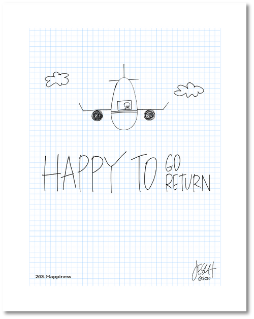 This is a drawing with a grid background. A line drawing of a plane flying between two clouds directly toward the reader has a pilot in the window. Text beneath it has “Happy to” in big letters with “Go” and Return” stacked to its right in slightly smaller letters. Jessica Esch re-created this Jeschnote as a print in 2020. The title “263. Happiness” is on the lower left corner and artist signature on the lower right. Copyright 2020.