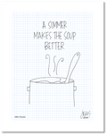 This is a drawing with a grid background. A line drawing of a pot with a spoon and soup simmering is beneath the text “A simmer makes the soup better.” Jessica Esch re-created this Jeschnote as a print in 2020. The title “299. Pause” is on the lower left corner and artist signature on the lower right. Copyright 2020.