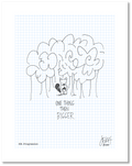 This is a drawing with a grid background. There is a small squirrel in front of a bunch of trees holding an acorn above the following text: “One thing then bigger.” Jessica Esch re-created this Jeschnote as a print in 2020. The title “431. Progression” is on the lower left corner and artist signature on the lower right. Copyright 2020.