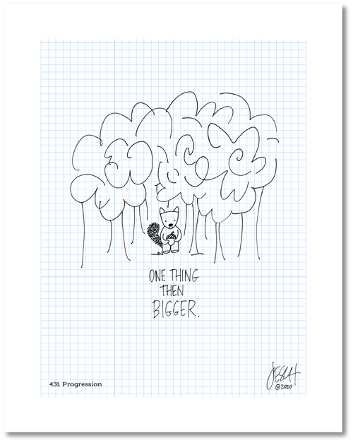 This is a drawing with a grid background. There is a small squirrel in front of a bunch of trees holding an acorn above the following text: “One thing then bigger.” Jessica Esch re-created this Jeschnote as a print in 2020. The title “431. Progression” is on the lower left corner and artist signature on the lower right. Copyright 2020.