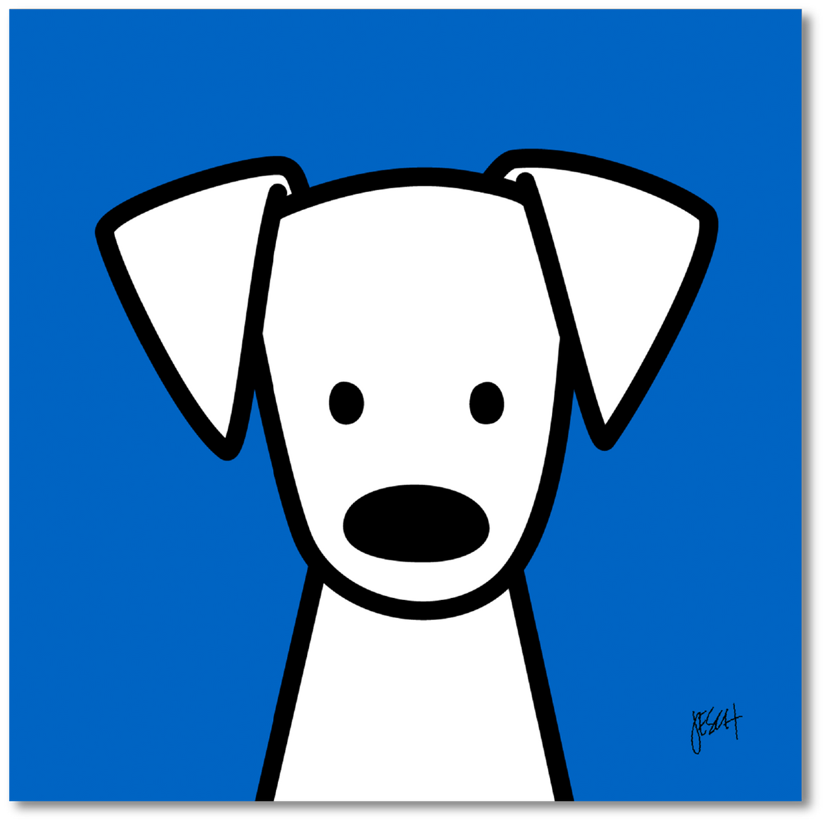 This is a digital illustration of a white dog with black eyes and nose with a blue background. The dog has big floppy ears and is looking straight at us. It is centered at the bottom of the print. An artist signature is on the lower right.