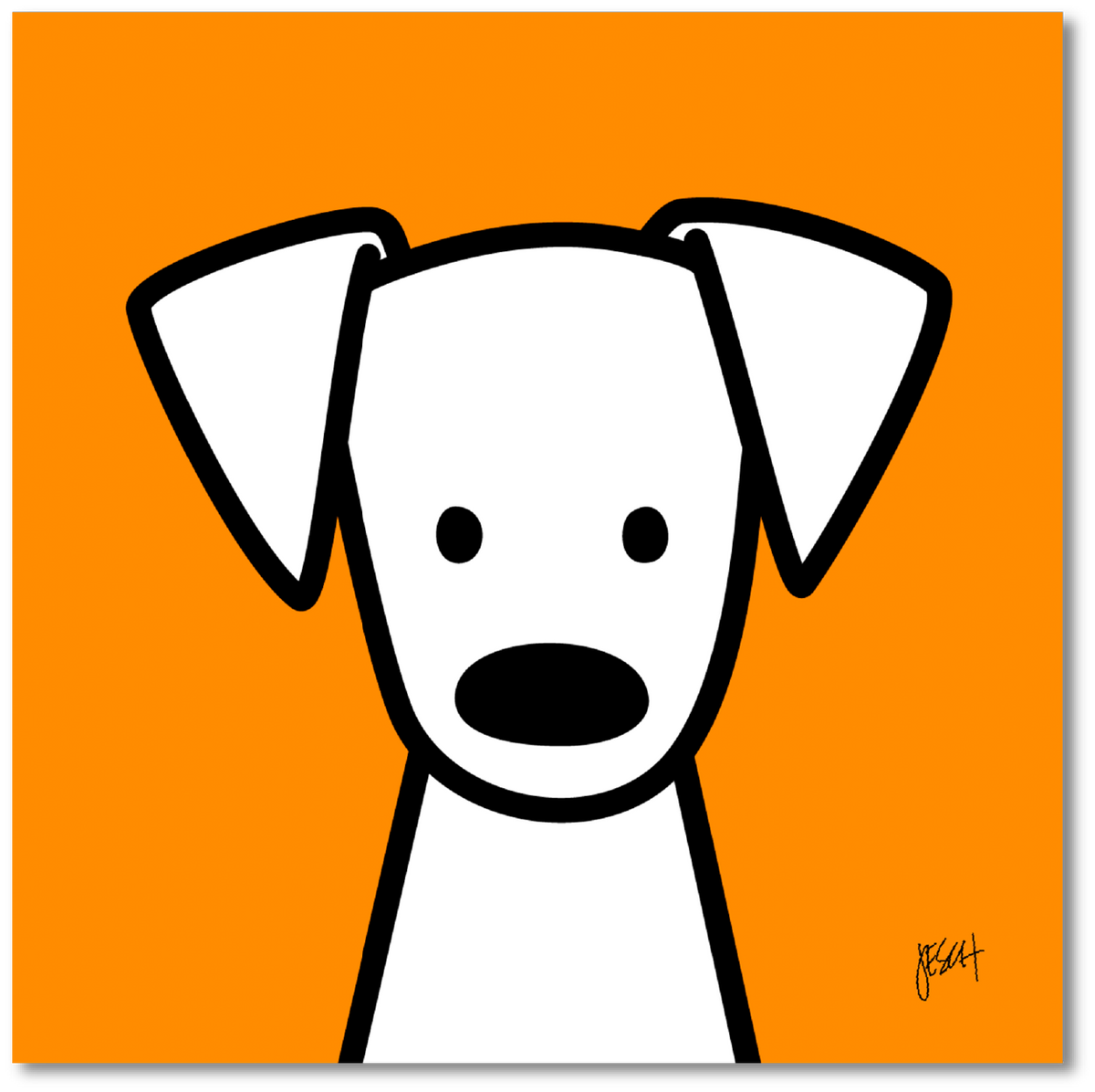 This is a digital illustration of a white dog with black eyes and nose with an orange background. The dog has big floppy ears and is looking straight at us. It is centered at the bottom of the print. An artist signature is on the lower right.