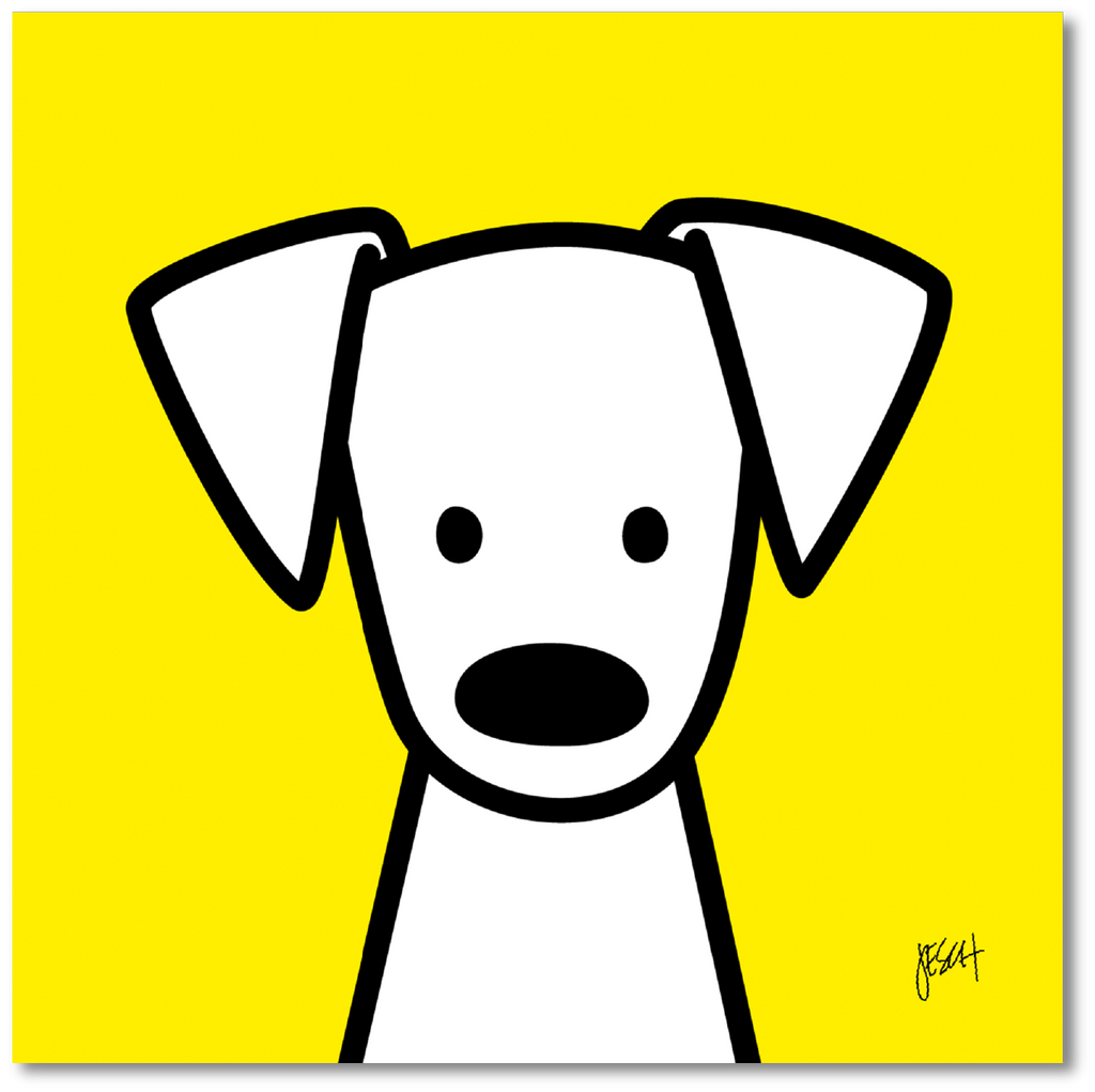 This is a digital illustration of a white dog with black eyes and nose with a yellow background. The dog has big floppy ears and is looking straight at us. It is centered at the bottom of the print. An artist signature is on the lower right.